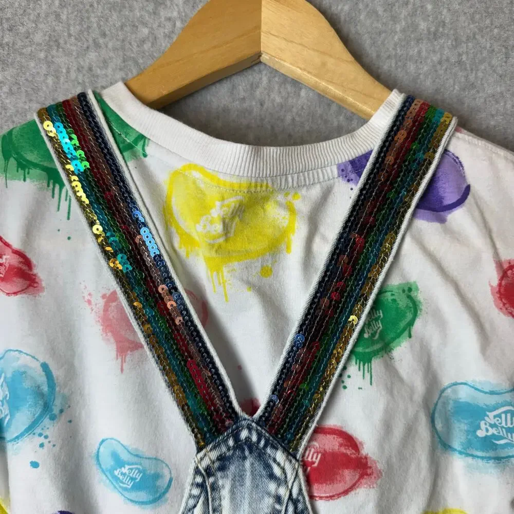 Vintage Justice Overalls & T-Shirt Jelly Belly Girls Size 7 Retro Rainbow Shorts